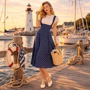 Unique Vintage Nautical Anchor Print Sailor Dress Retro Pin Up Midi Suspender XS